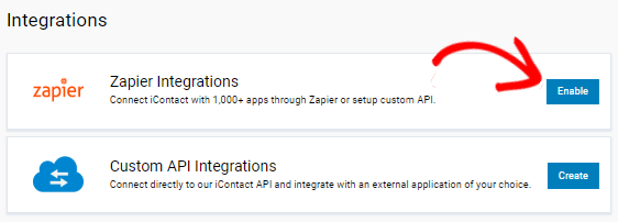 iContact Integrations page