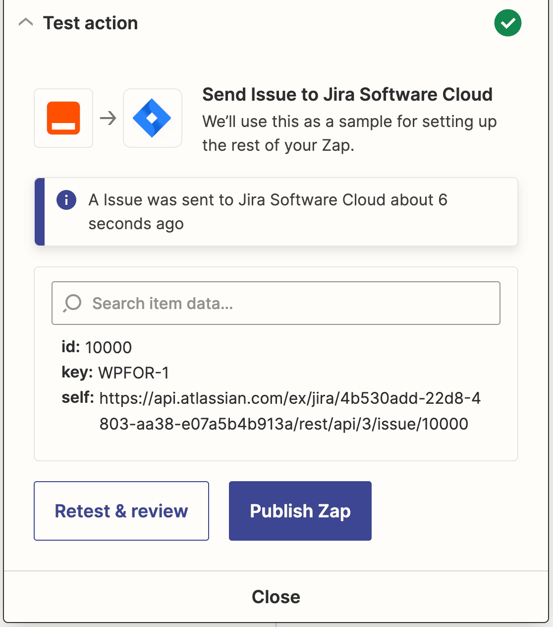 The success message and publish button for a Jira connection test in Zapier