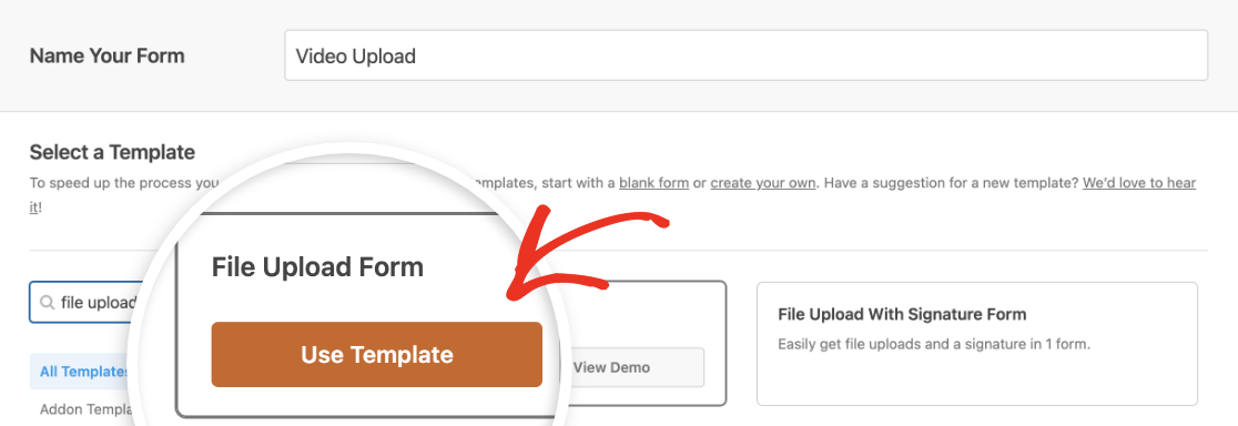 Selecting the File Upload Form Template