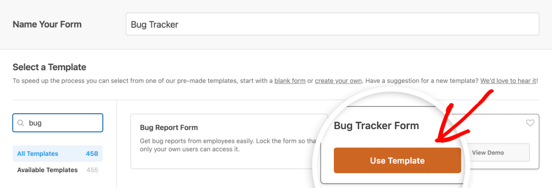 Choosing the Bug Tracker Form template