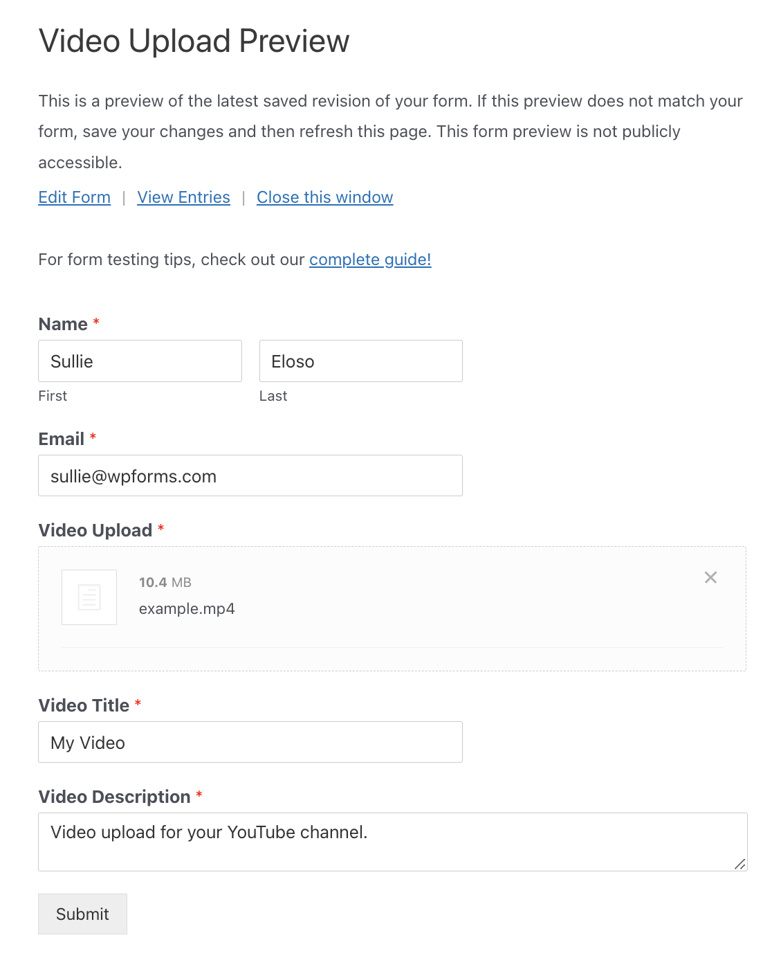 Creating a test entry for a video upload form