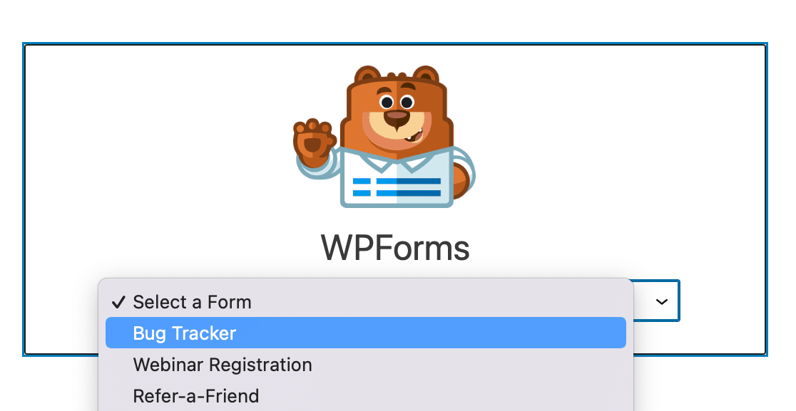 Selecting your bug tracker form from the WPForms block