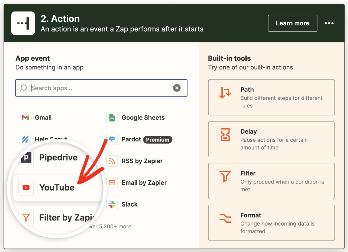 Choosing YouTube as the action app in Zapier