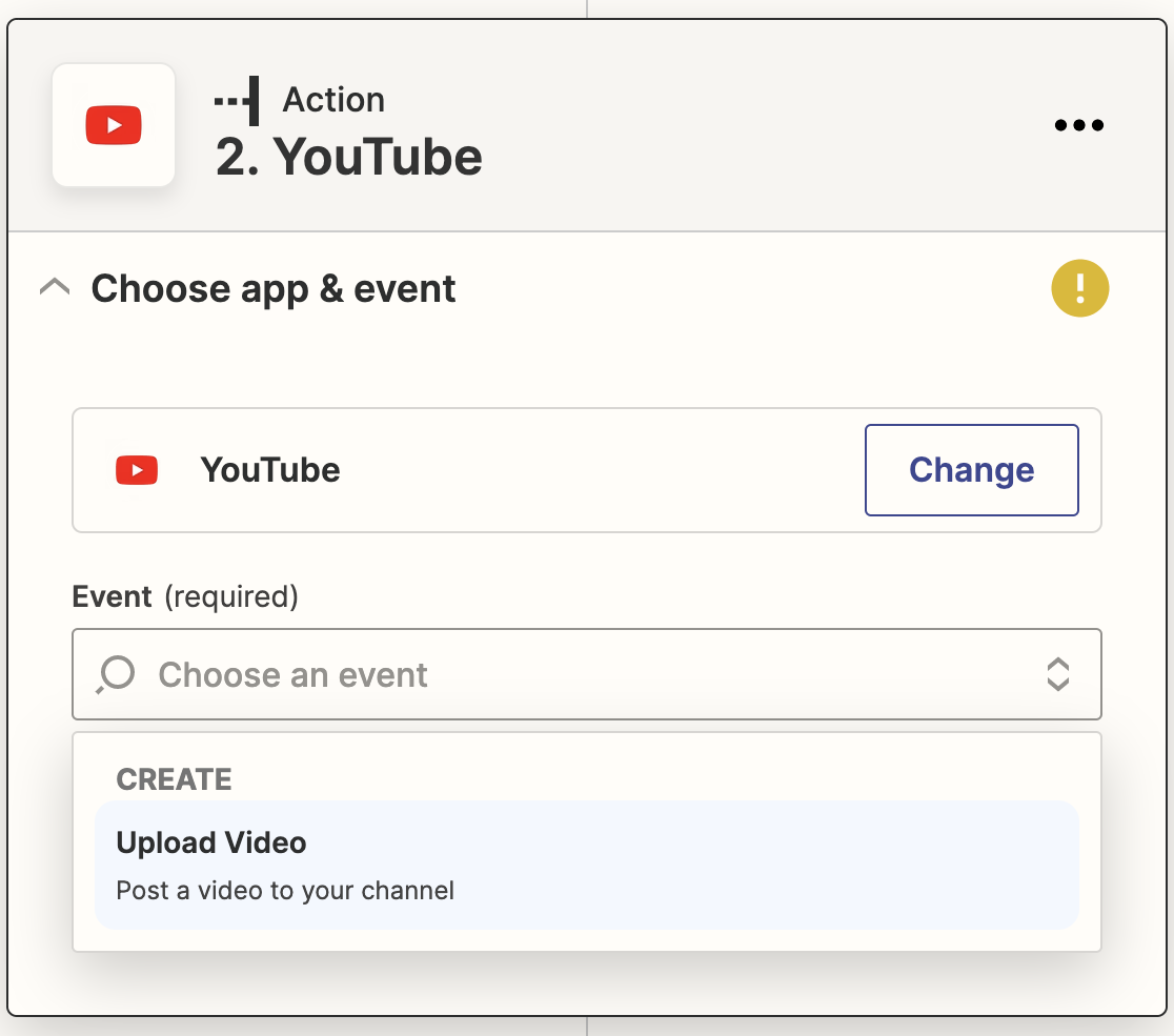 Selecting Upload Video as the Action app event in Zapier