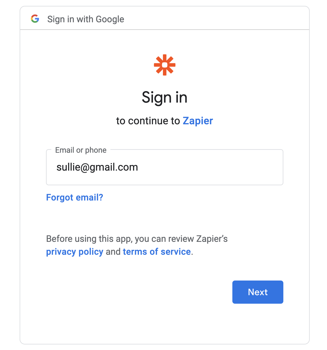 Logging in to Google via Zapier