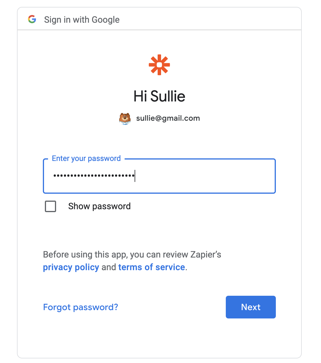 Logging in to Google via Zapier