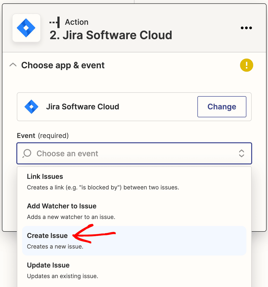 Choosing Create Issue as the action in Zapier