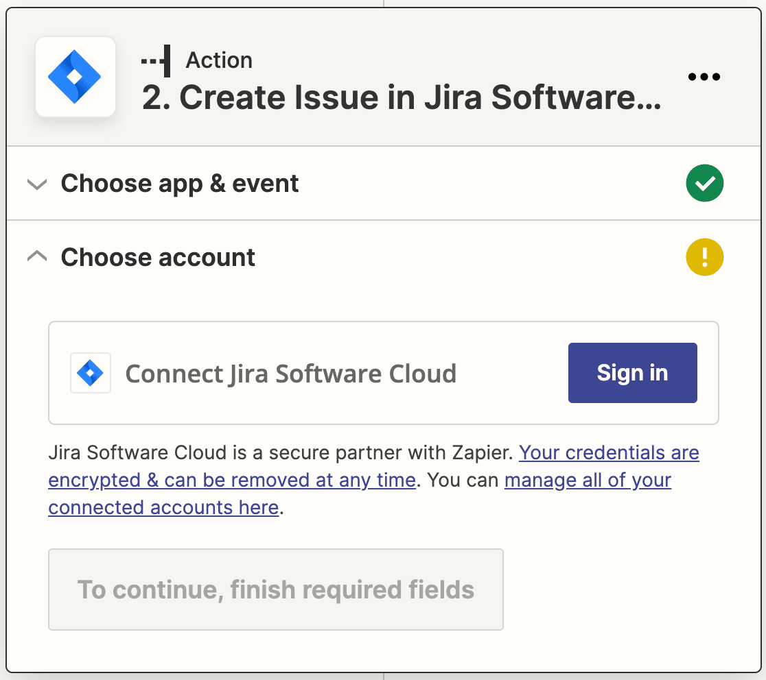 Choosing your Jira account to connect to Zapier