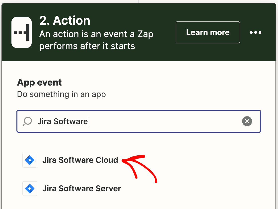 Choosing Jira Software Cloud as the action app in Zapier