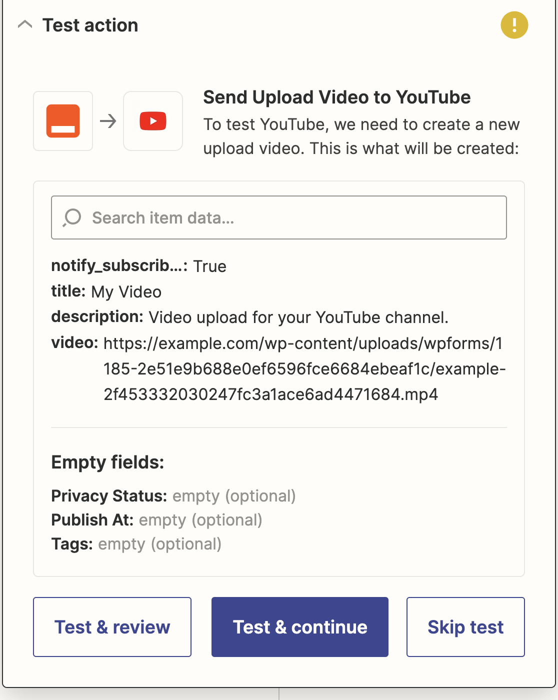 Testing your YouTube Zapier connection