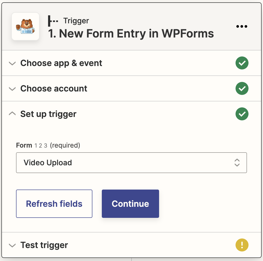 Selecting your video upload form to connect it to Zapier