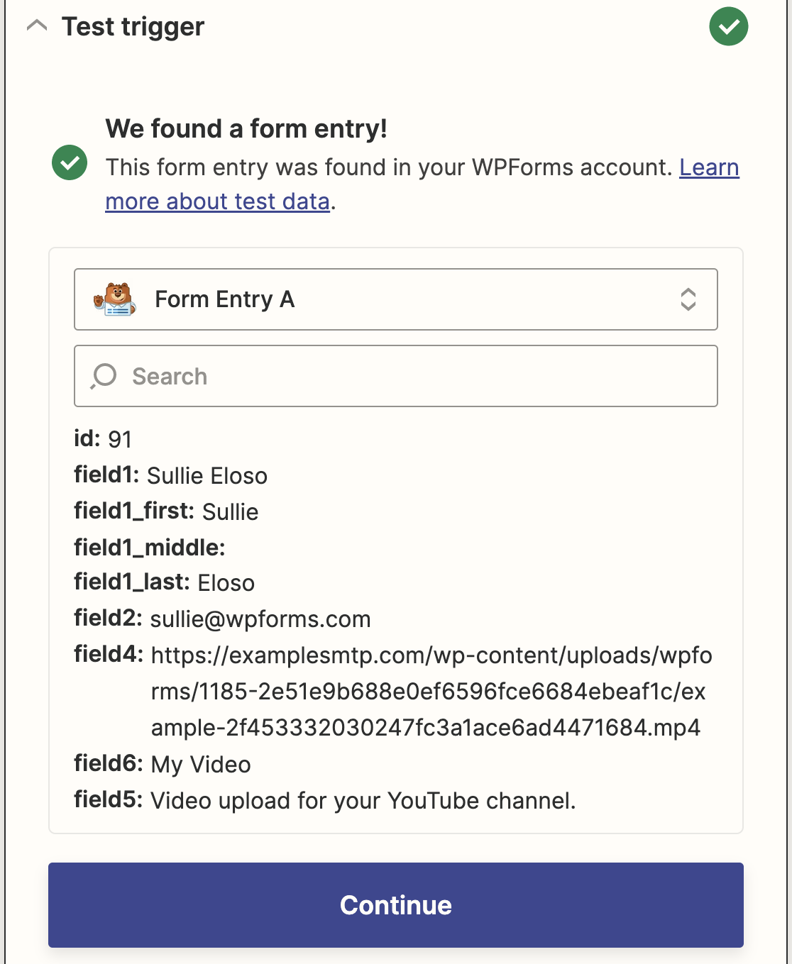 A video upload form test entry in Zapier