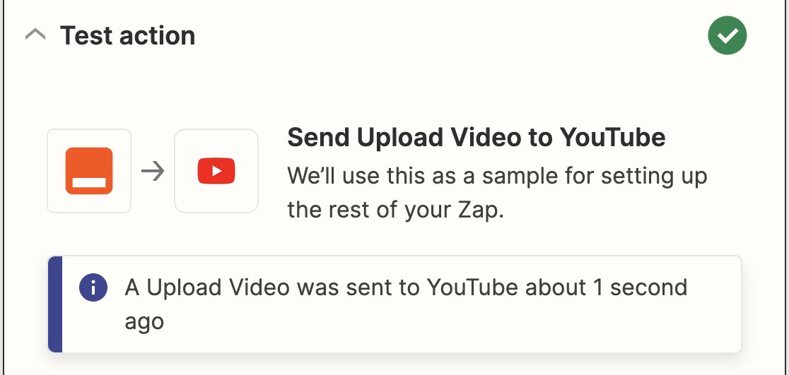 Zapier YouTube test success message