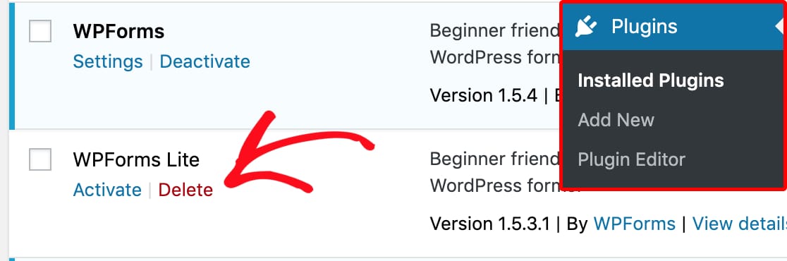 Delete WPForms Lite from WordPress plugins