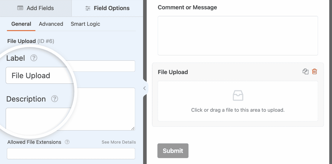 Customizing the field options for a File Upload field
