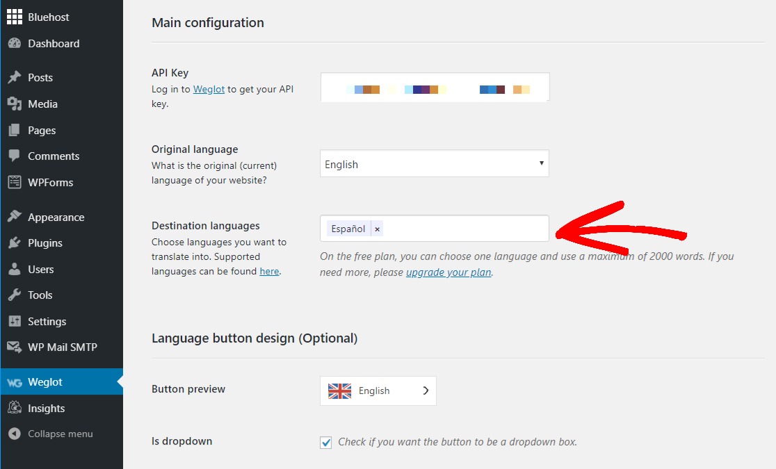 Language button. Weglot. Weglot admin area. Language Dropdown.