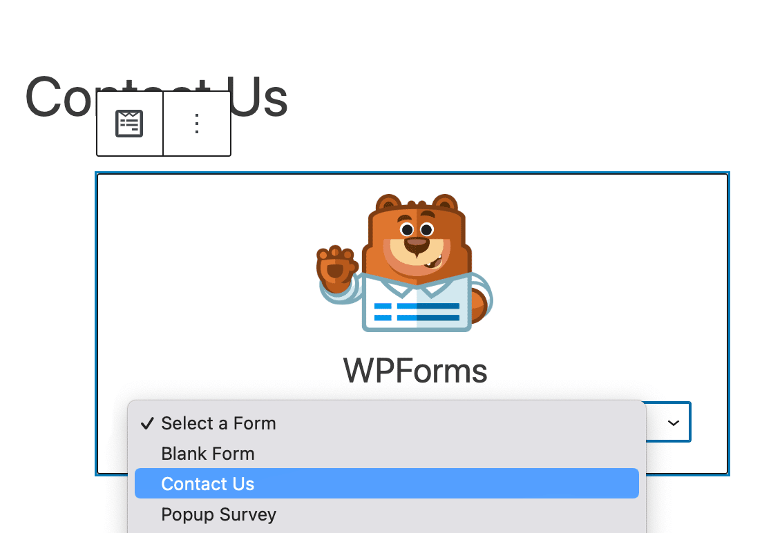 Selecting your contact form in the WPForms block