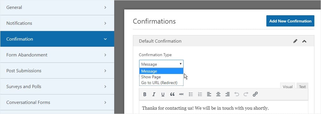 Form Confirmation Type settings multi step form