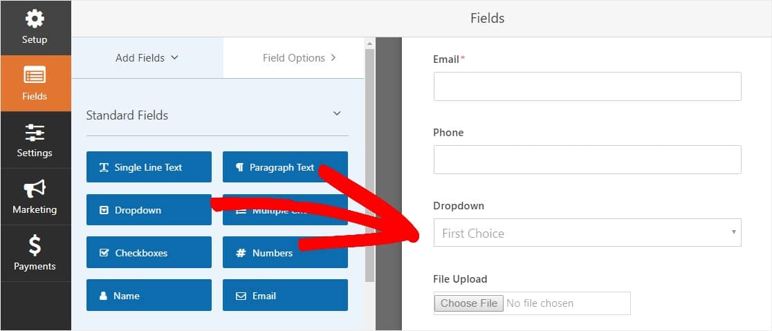 drag dropdown para adicionar vários campos de envio de ficheiros