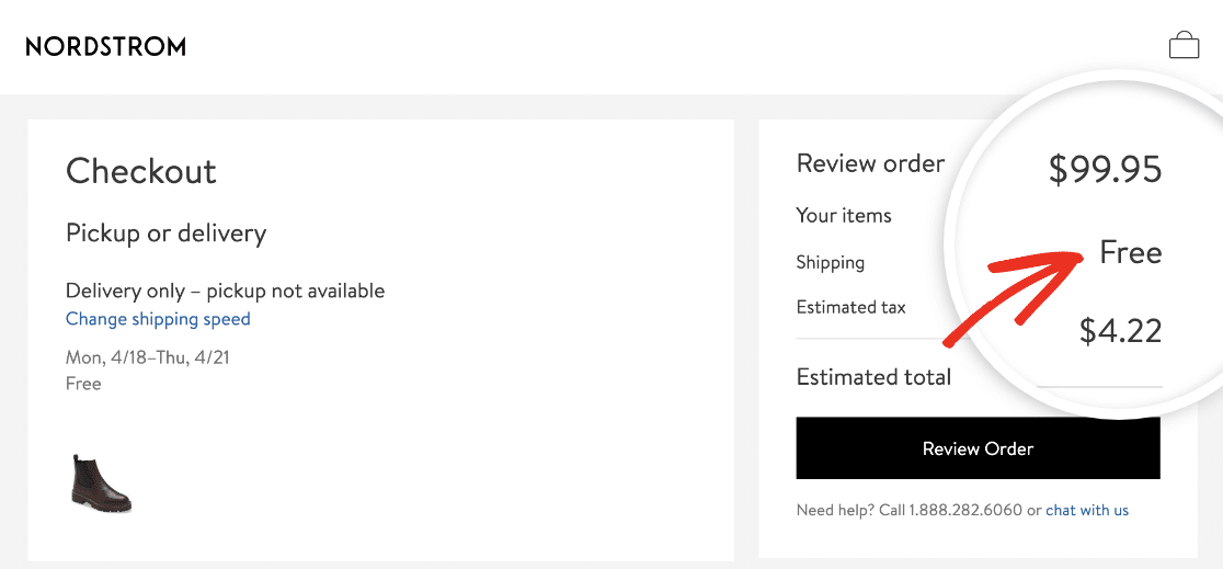 An example of free shipping on a checkout page for Nordstrom