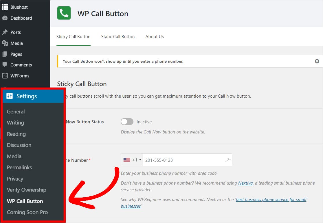 how to configure wp call button settings