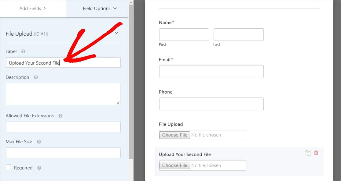 rename your multiple upload fields label