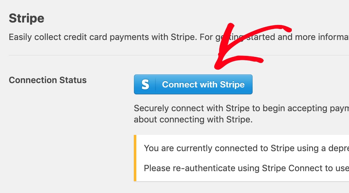 Click on Stripe Connect button in WPForms payment settings