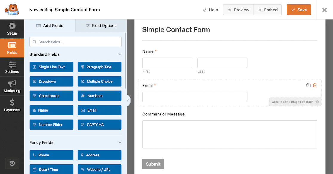 The WPForms form builder