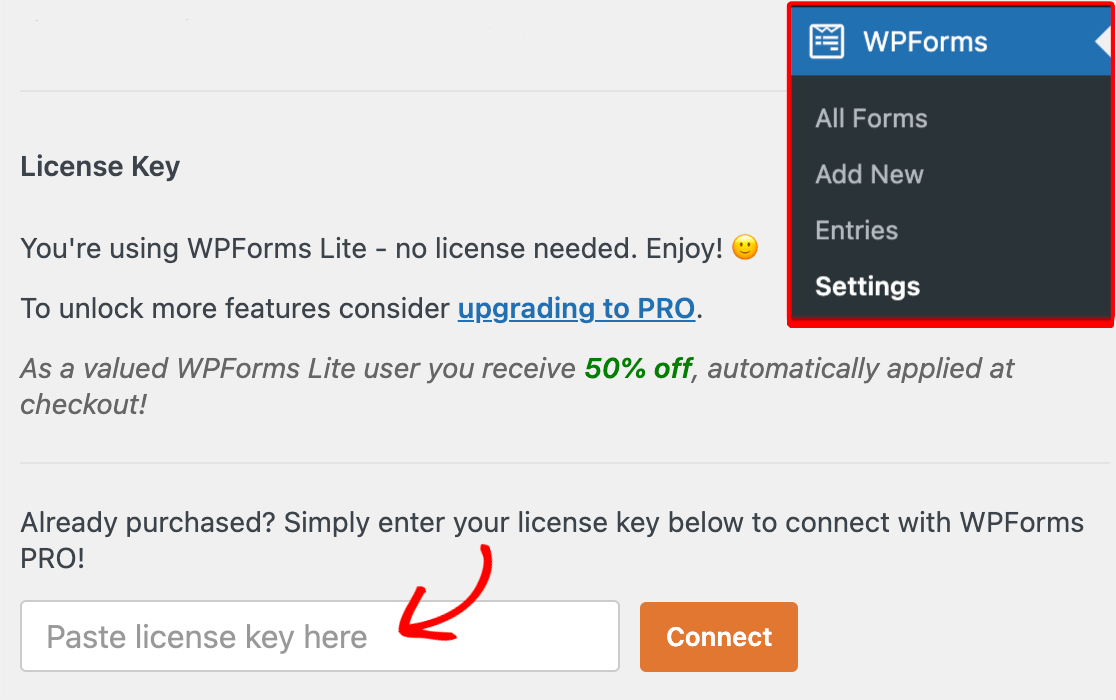 The License Key field in the WPForms Lite settings
