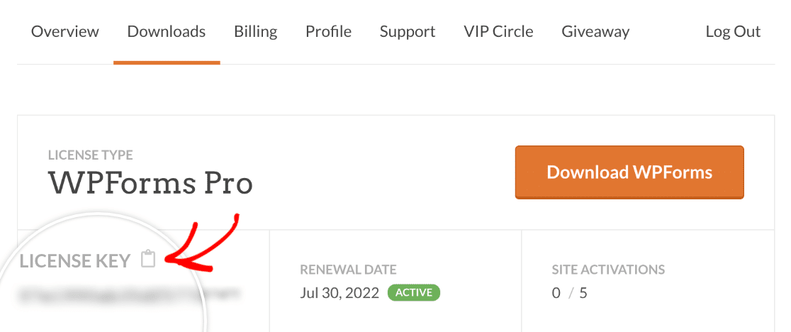 Copying a WPForms license key