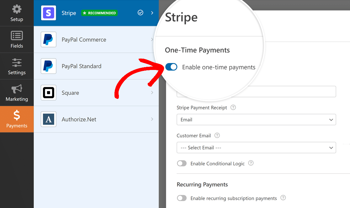 enable one time payments stripe