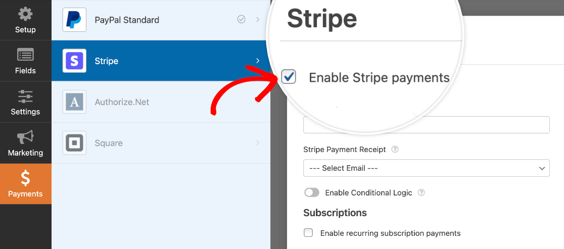 Enabling Stripe payments in a form