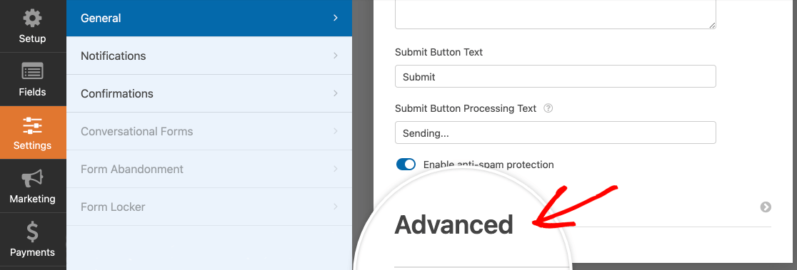 Expanding the Advanced General settings in the form builder