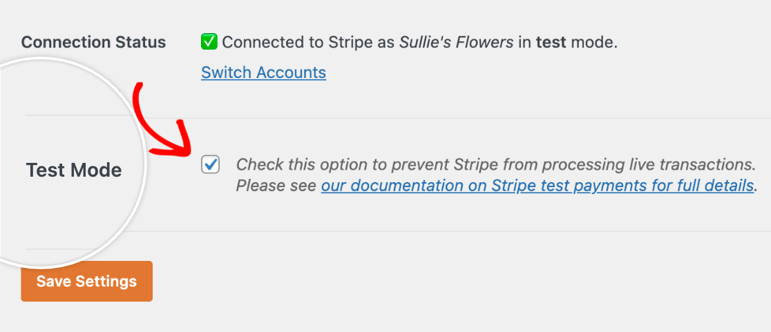 Enabling Stripe Test Mode in the WPForms payments settings