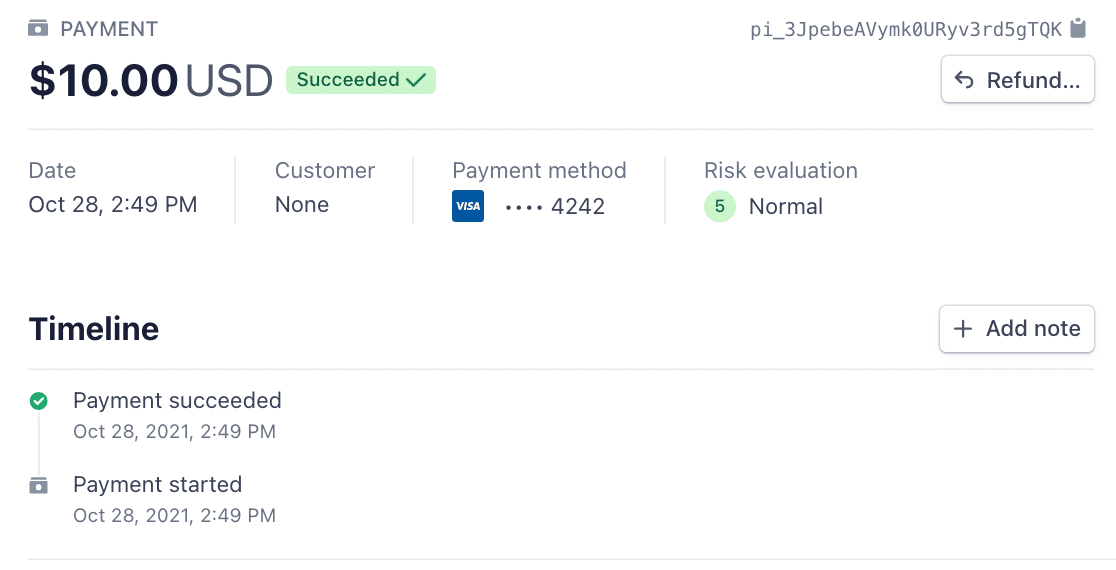 The payment details for a test transaction in Stripe