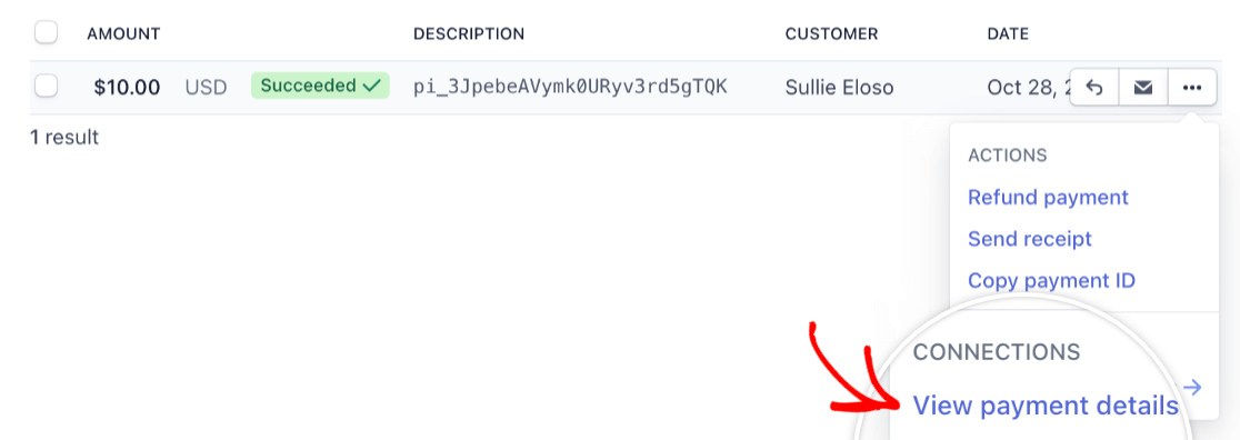 Viewing payment details for a test transaction in Stripe