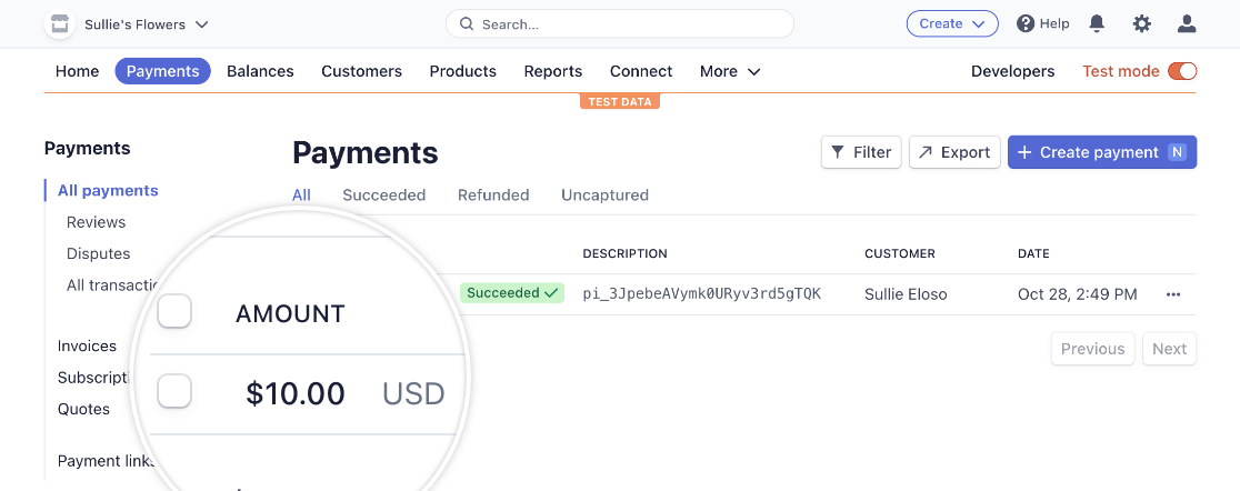Viewing a test payment in Stripe