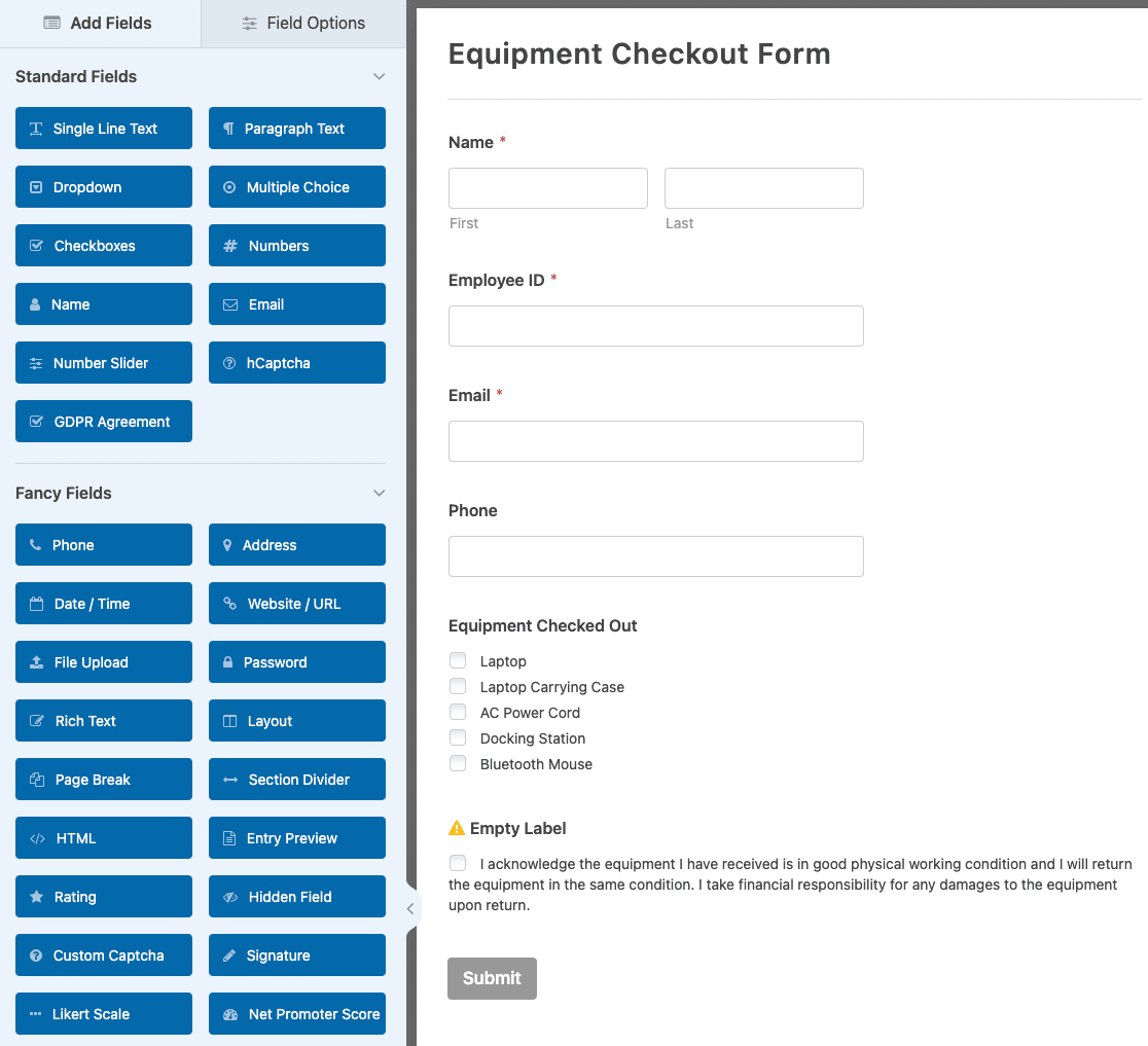 Customizing the Equipment Checkout Form template