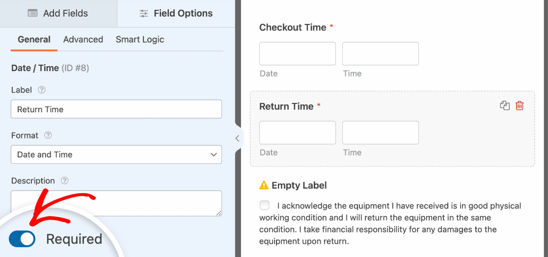 Editing the field options for a Date / Time field in an equipment checkout form