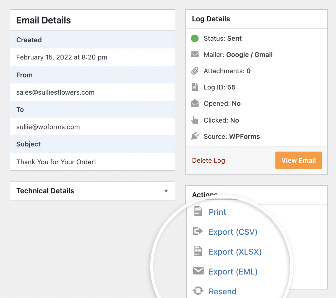 Email log actions on the individual log page