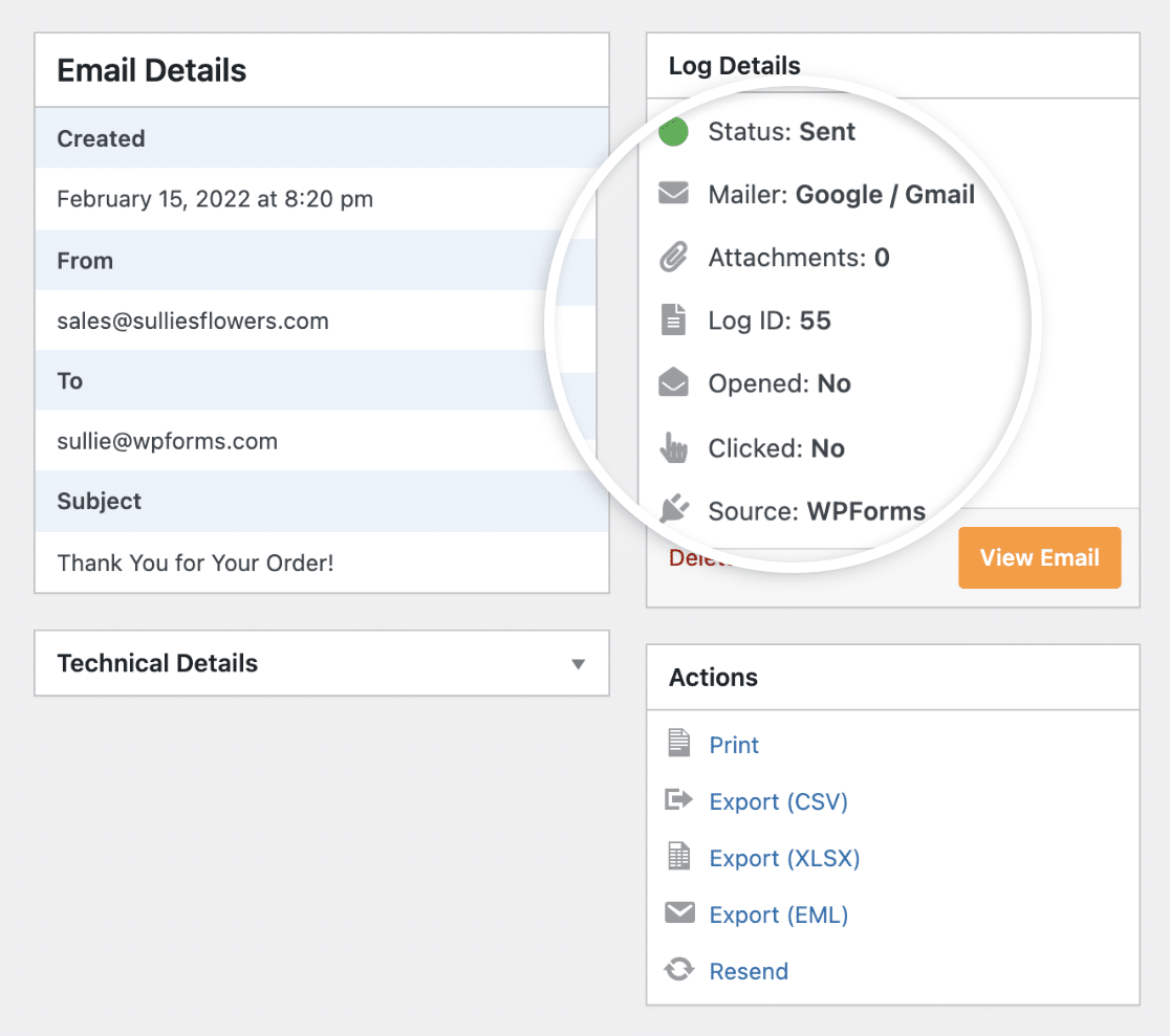 An individual email log