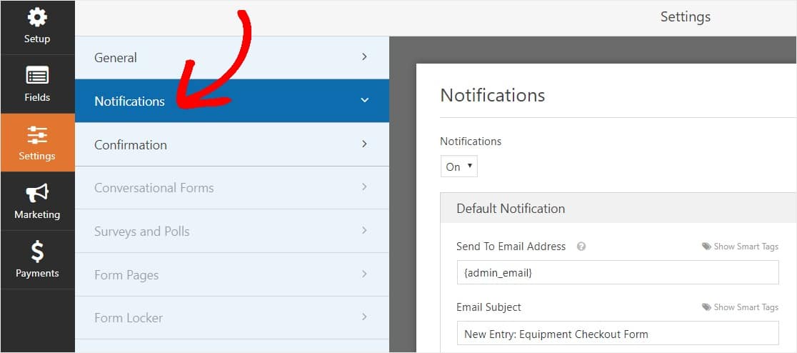 equipment checkout form notifications