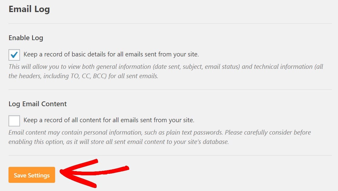 save settings email log