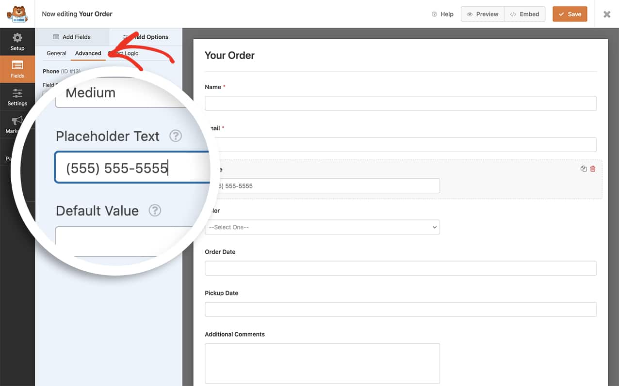 Add your placeholder text to your form field