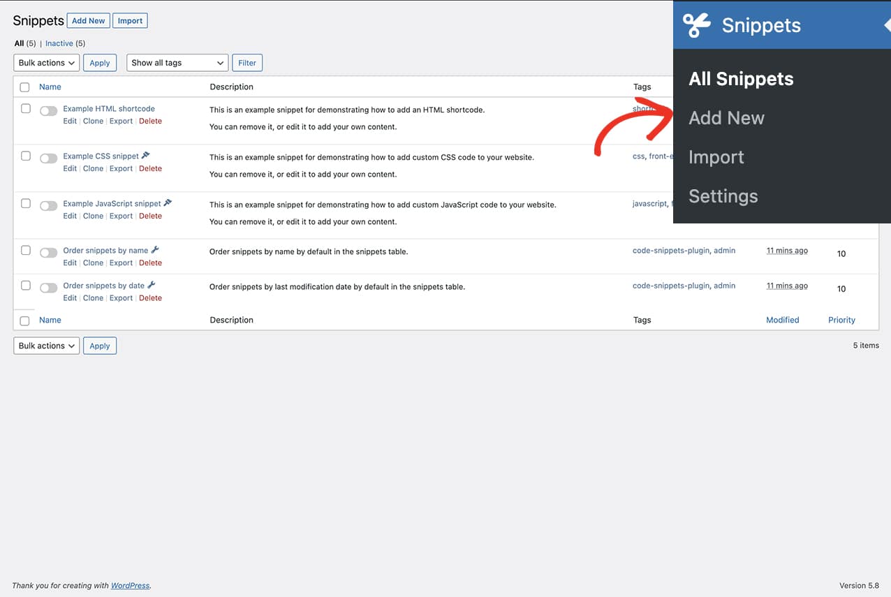 once you add the code snippets plugin you can click Add New to create a new snippet
