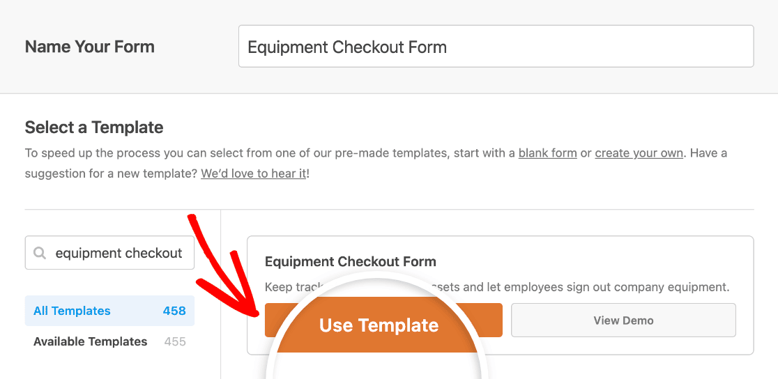 Choosing the Equipment Checkout Form template