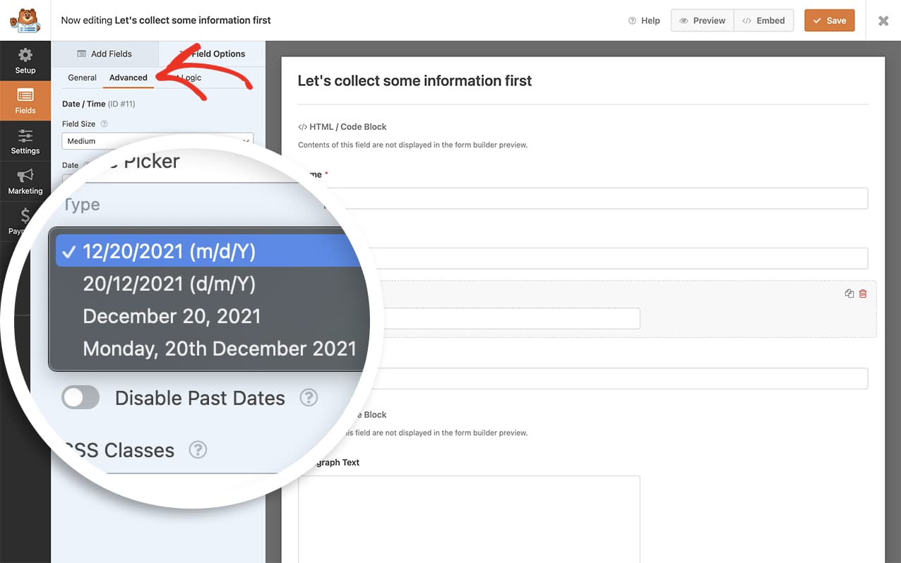 after adding this snippet you can now choose additional formats for your datepicker