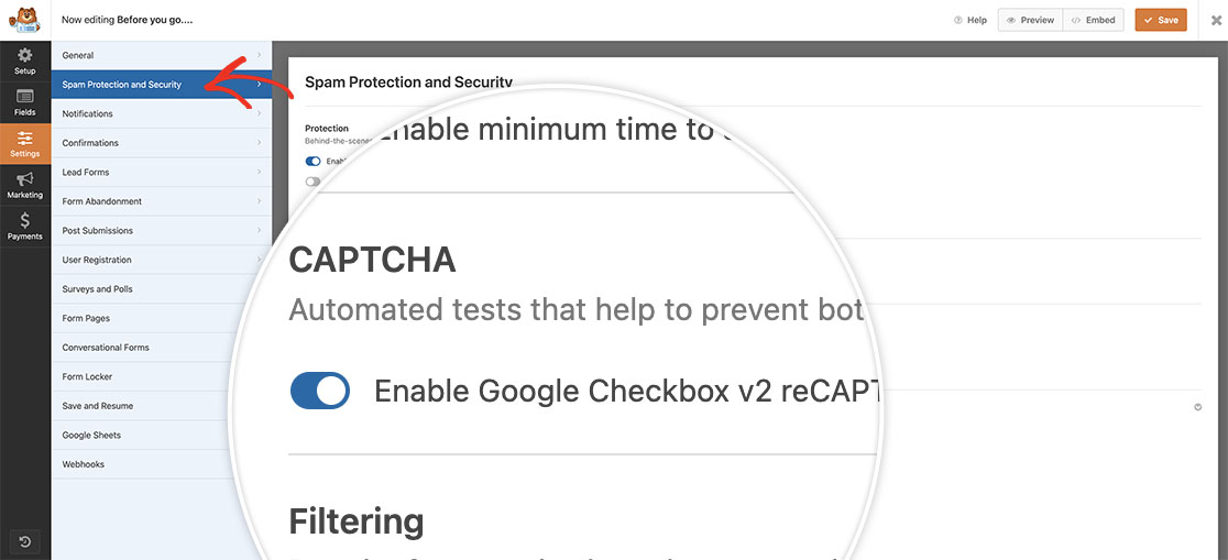 Enable Google reCAPTCHA on your form under the General tab of your form settings