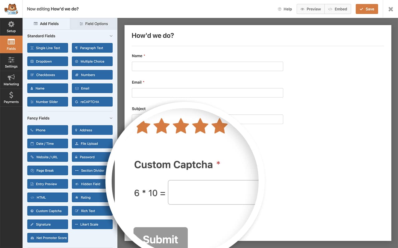 create your form and add your custom captcha form field
