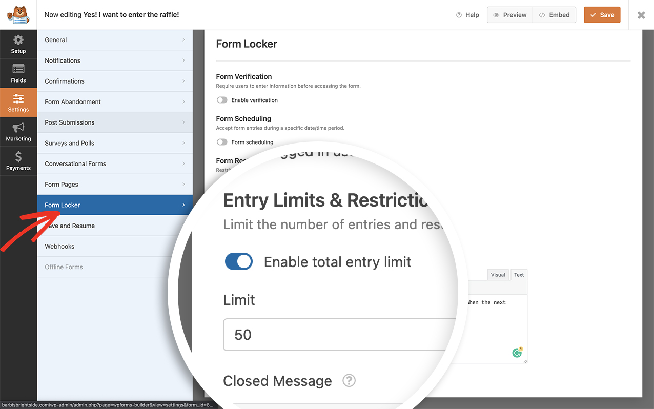 Turning on form entry limits in the Form Locker addon